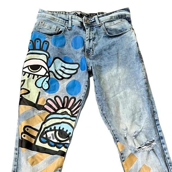 DSTRKT Men's Cream Blue Stretch Street Wear Distressed Denim Jeans Sz 30x32 - Picture 6 of 11